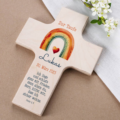 Holzkreuz - mit Regenbogen in 4 Farben wählbar - zur Taufe, Kommunion oder Konfirmation