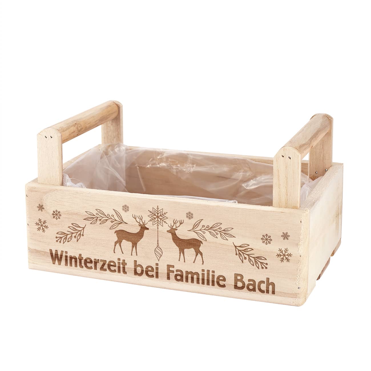 Holzkiste als Geschenkverpackung zu Weihnachten mit Wunschtext graviert