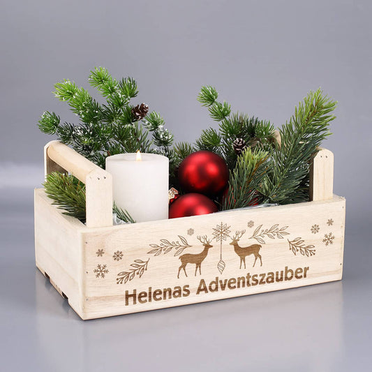 Weihnachtliche Holzkiste mit 2 Griffen und festlicher Gravur