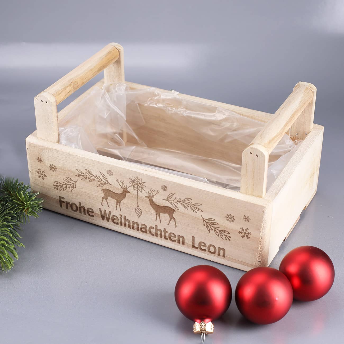 Weihnachtliche Holzkiste mit Wunschtext graviert