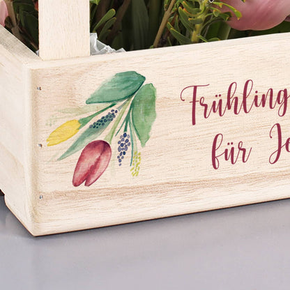 Frühlings-Holzkiste mit 2 Griffen, Tulpen und Ihrem Text bedruckt