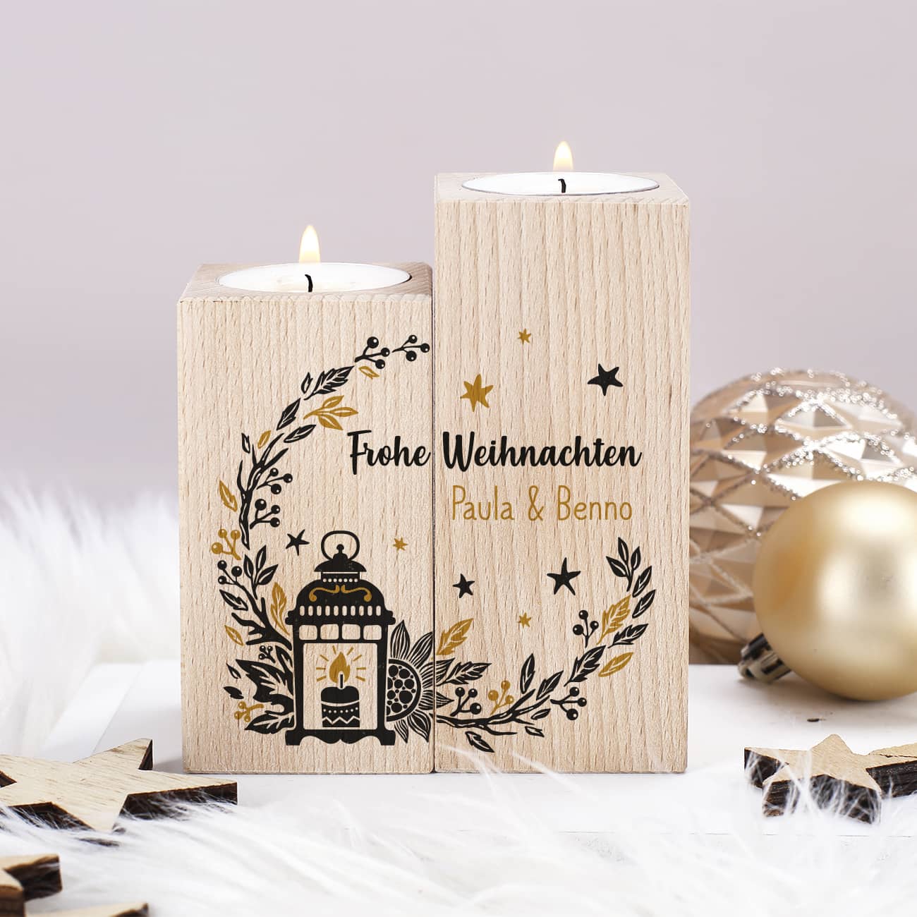 Teelichthalter im 2er Set mit Sternen und Weihnachtslaterne und Name bedruckt