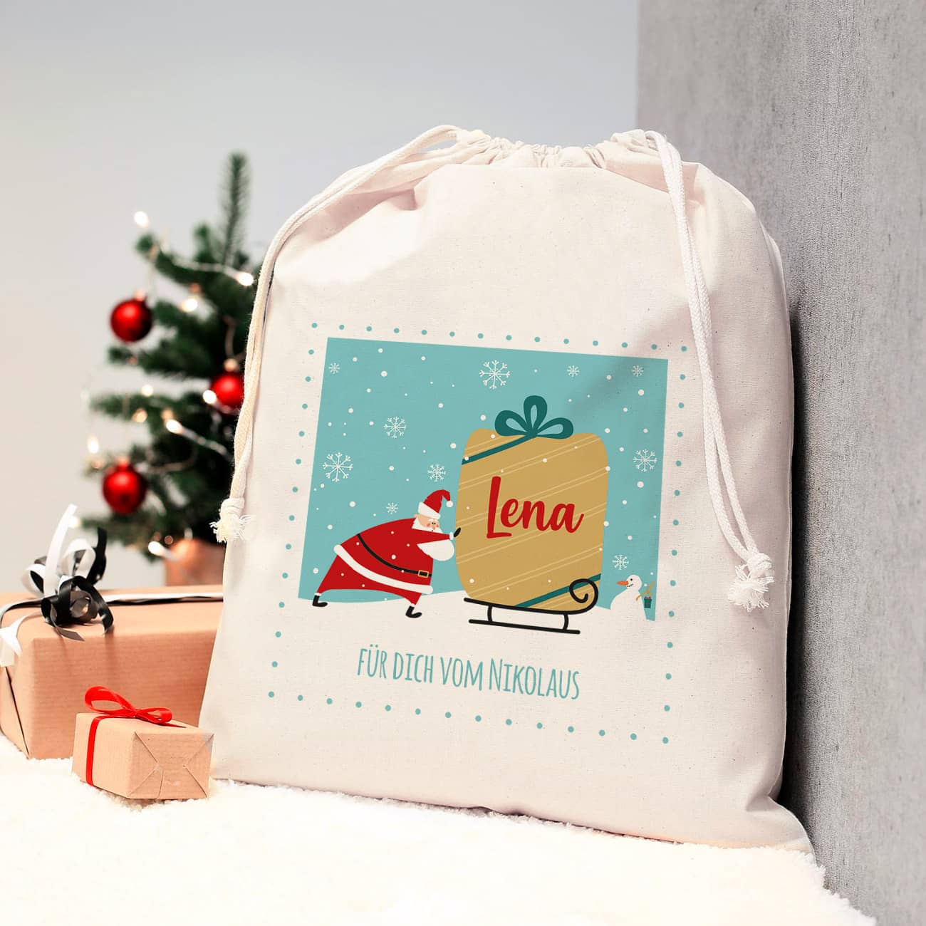 Weihnachtlicher Geschenkesack mit Name und Wunschtext