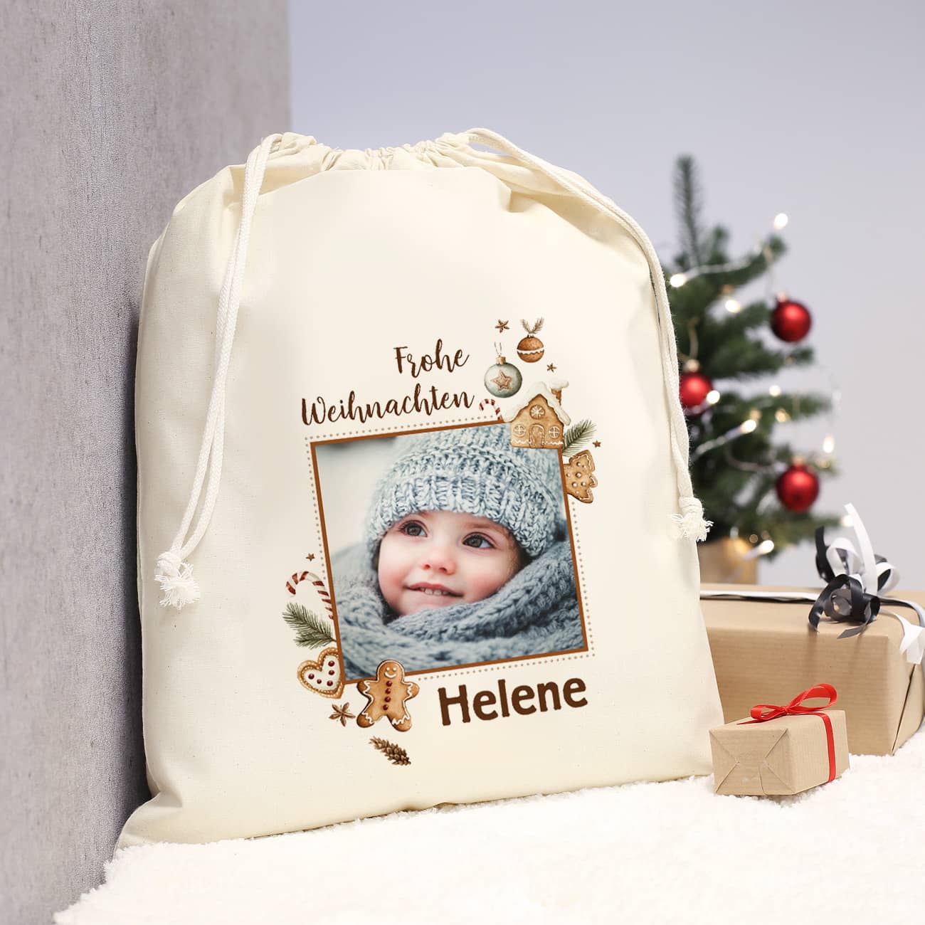 Geschenksack zu Weihnachten mit Foto, Wunschtext & Name