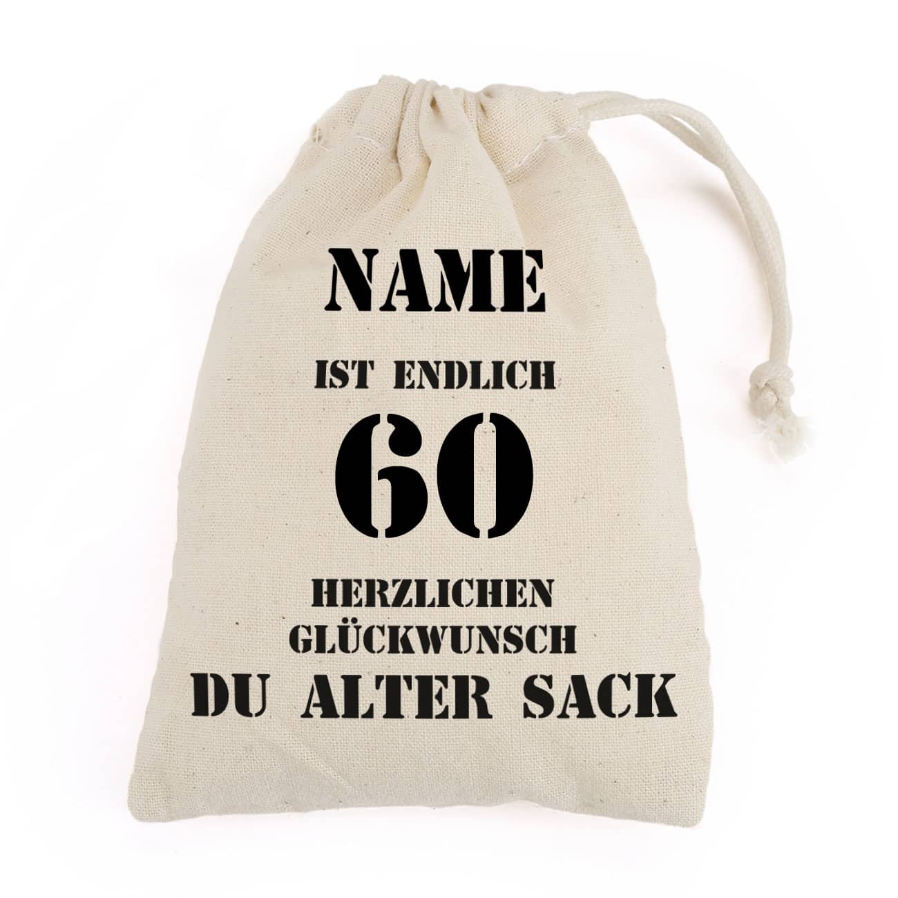 personalisierter Baumwollbeutel für einen alten Sack