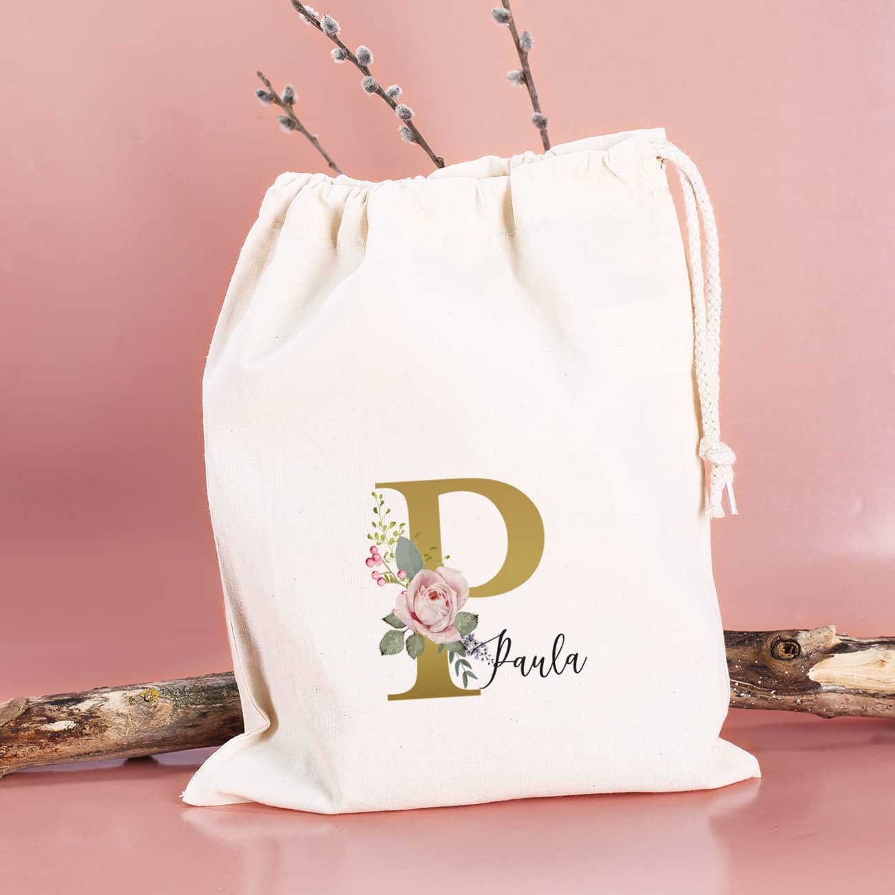 Kleiner Geschenksack mit Rosen-Monogramm und Name