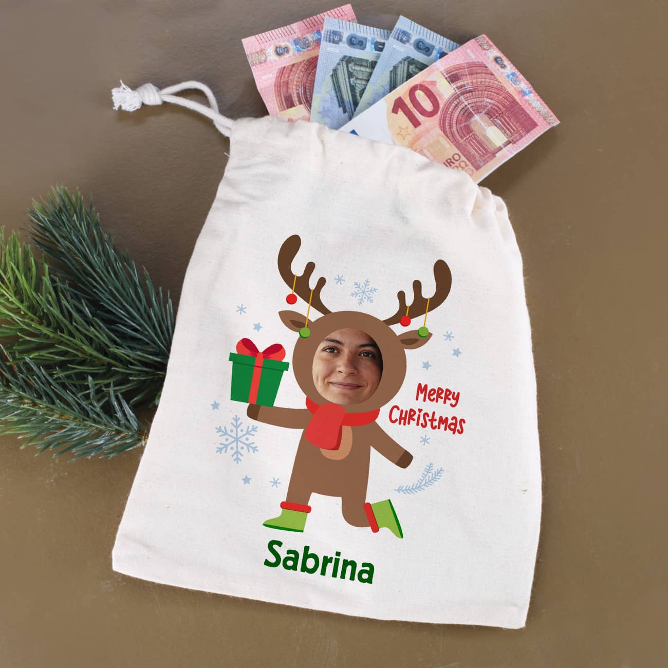 Weihnachtlicher Geschenksack mit Rentier, Foto & Name 