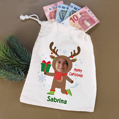 Weihnachtlicher Geschenksack mit Rentier, Foto & Name 