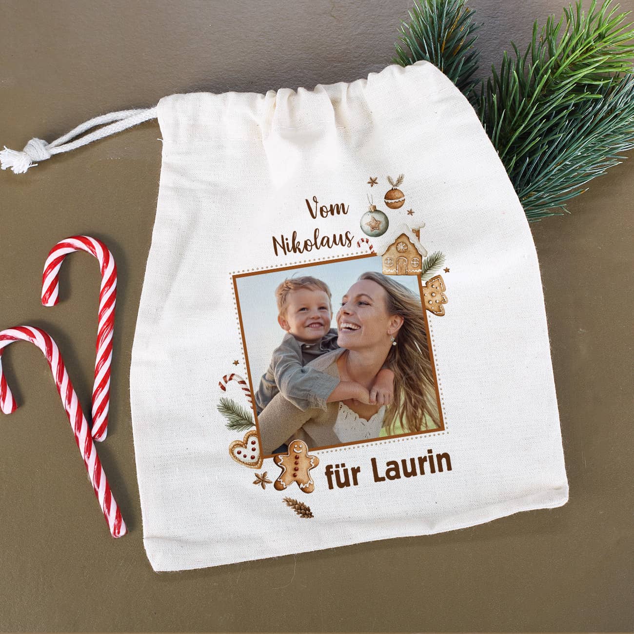 Kleiner Geschenksack zu Weihnachten mit Foto, Wunschtext & Name