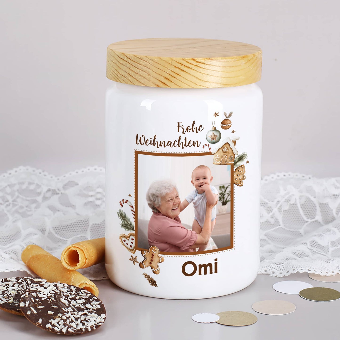 Keksdose mit Lebkuchen-Motiv, Foto & Name personalisiert