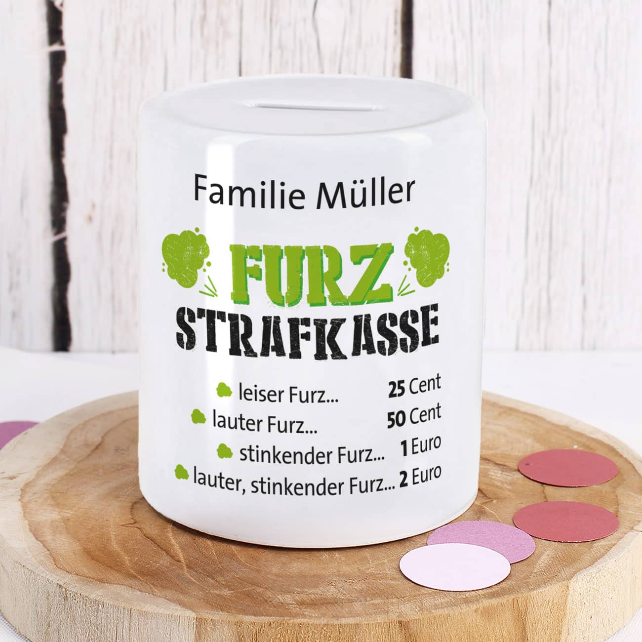 Furz - Strafkasse, die Spardose mit Ihrem Wunschtext