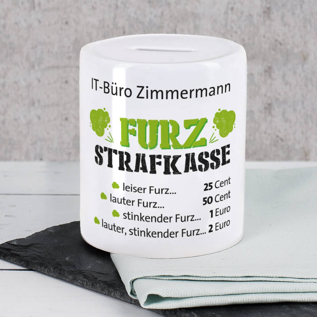 Furz - Strafkasse, Spardose mit Ihrem Wunschtext