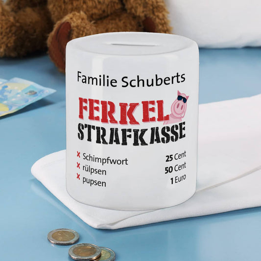 Ferkel - Strafkasse, Spardose mit lustigem Schwein und Ihrem Wunschtext