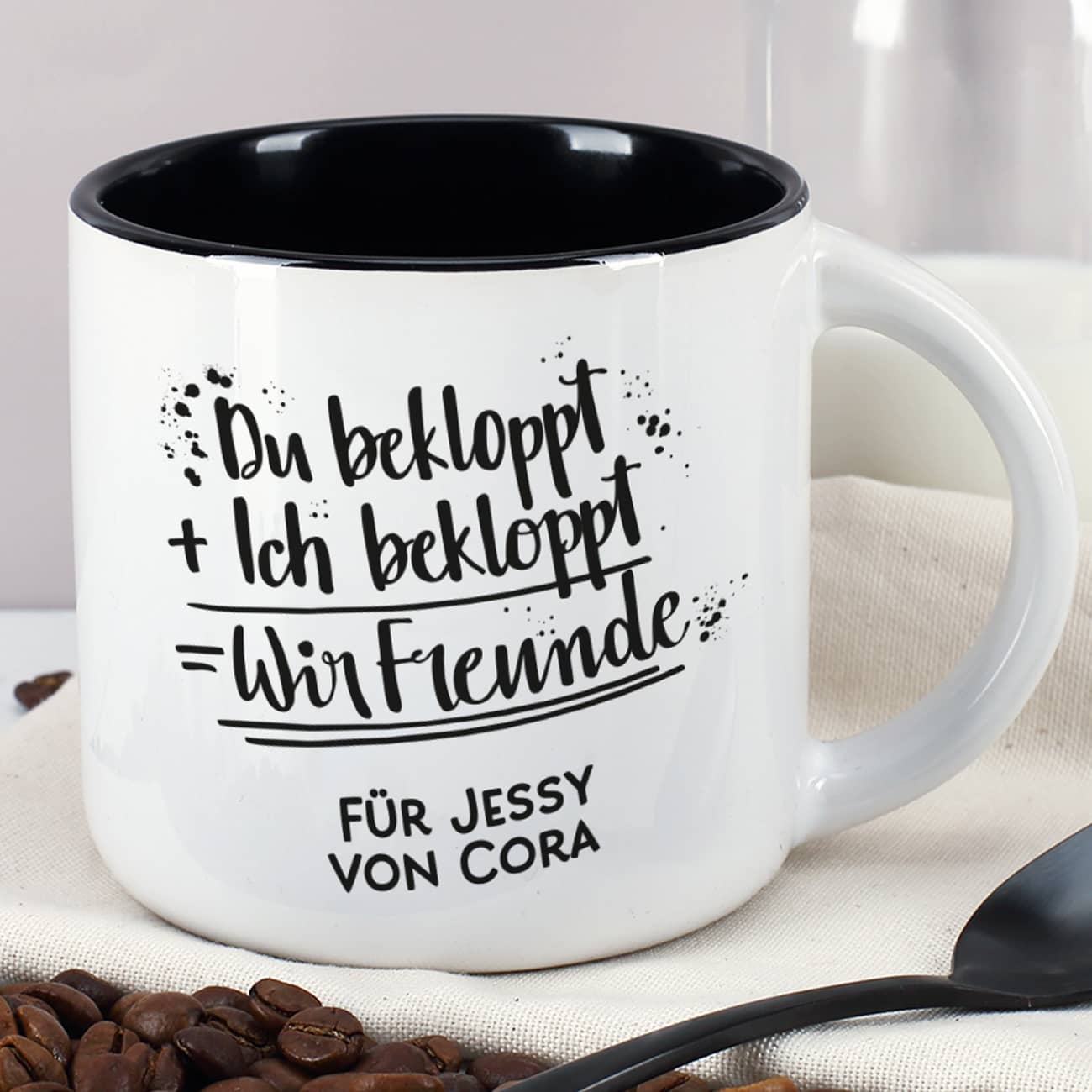 Du bekloppt, Ich bekloppt, Wir Freunde - großer Kaffeepott mit Wunschtext