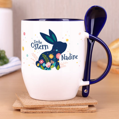 Frohe Ostern - blaue Löffeltasse mit Osterhase und Name