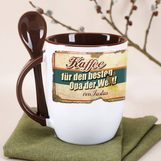 Kaffeetasse mit Löffel für den besten Opa mit Wunschname bedruckt