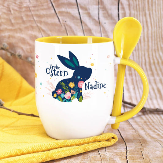 Frohe Ostern - Löffeltasse mit Osterhase und Name