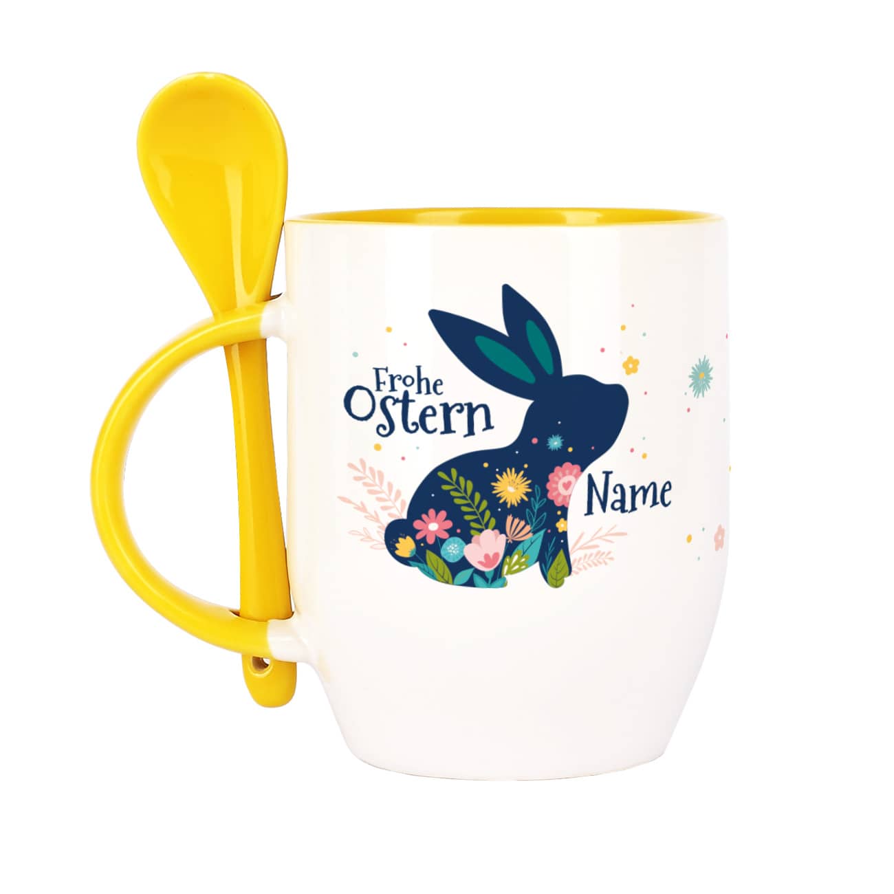 Frohe Ostern - Löffeltasse mit Osterhase, Blumen und Name