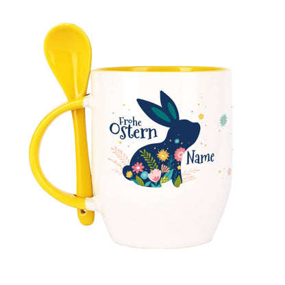 Frohe Ostern - Löffeltasse mit Osterhase, Blumen und Name