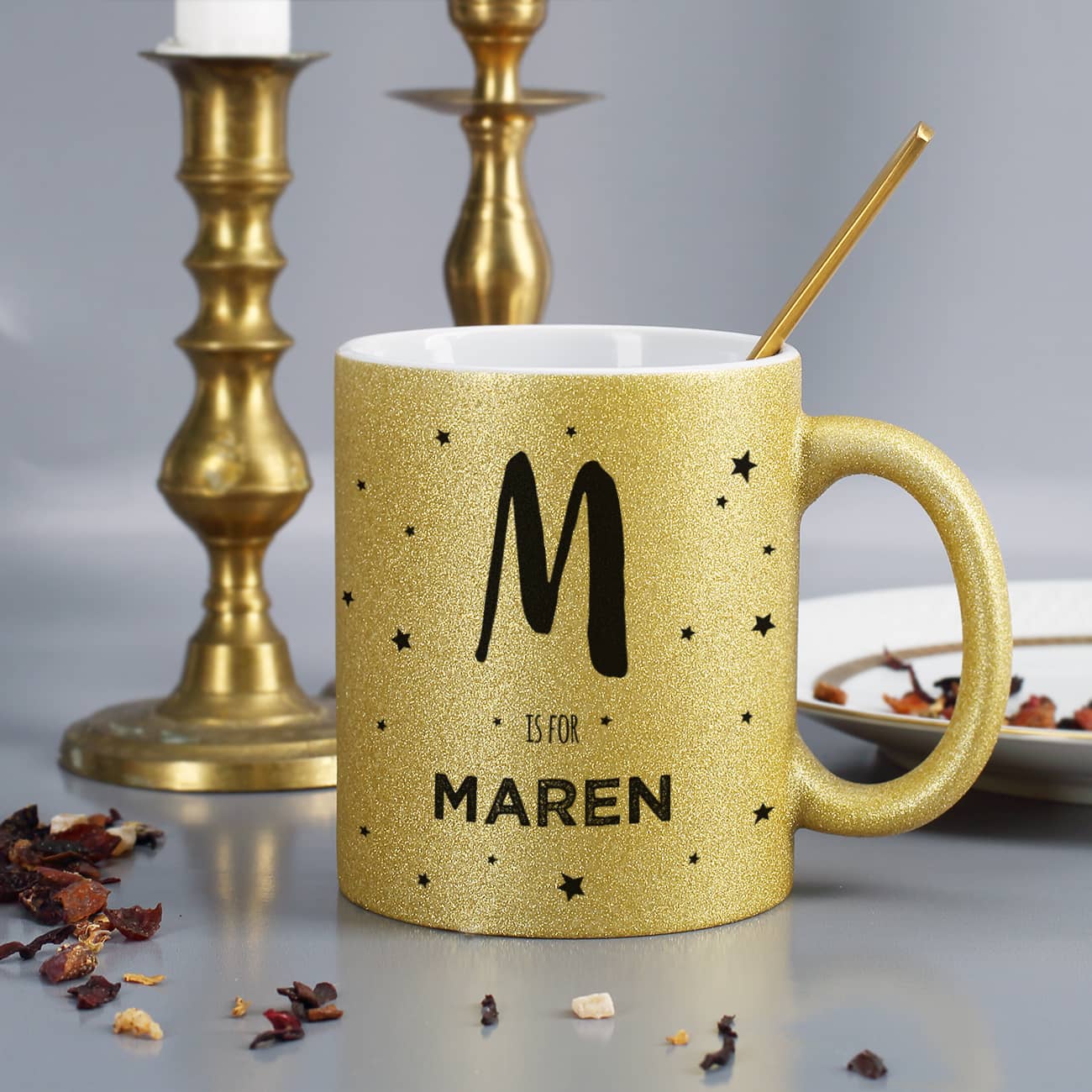 Glitzertasse mit Namen in Gold