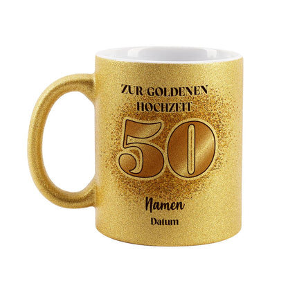 Glitzertasse zur goldenen Hochzeit mit beidseitigem Aufdruck