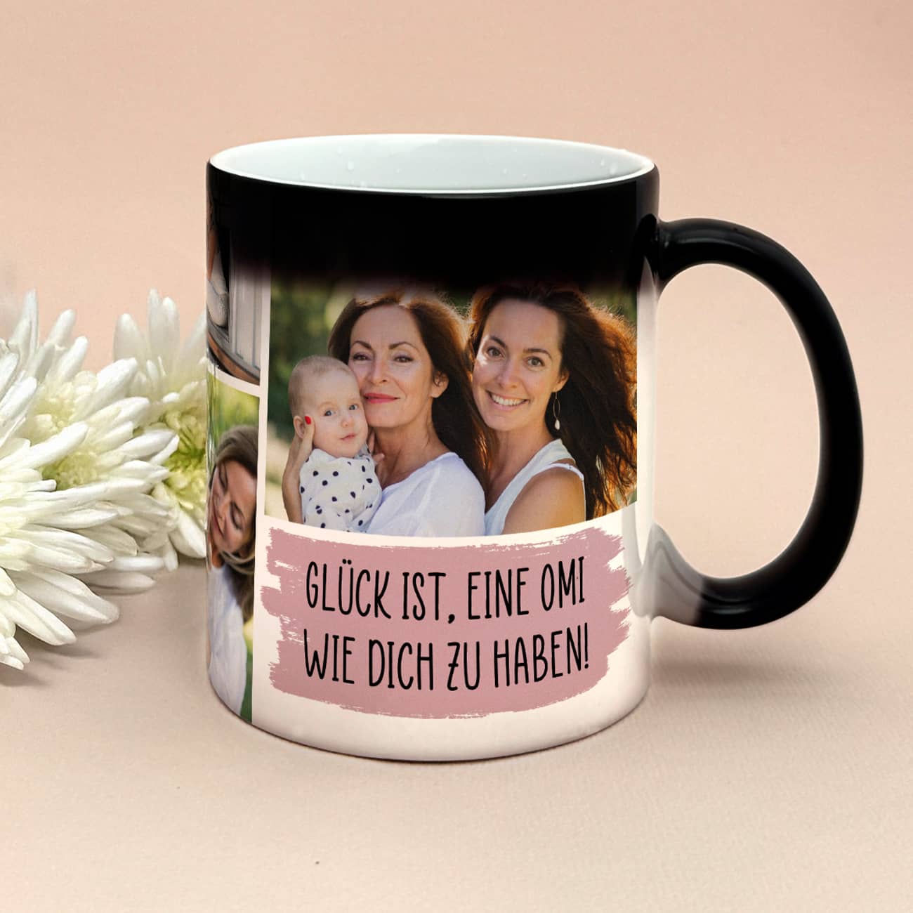 Magic Tasse mit 4 Fotos und Wunschtext