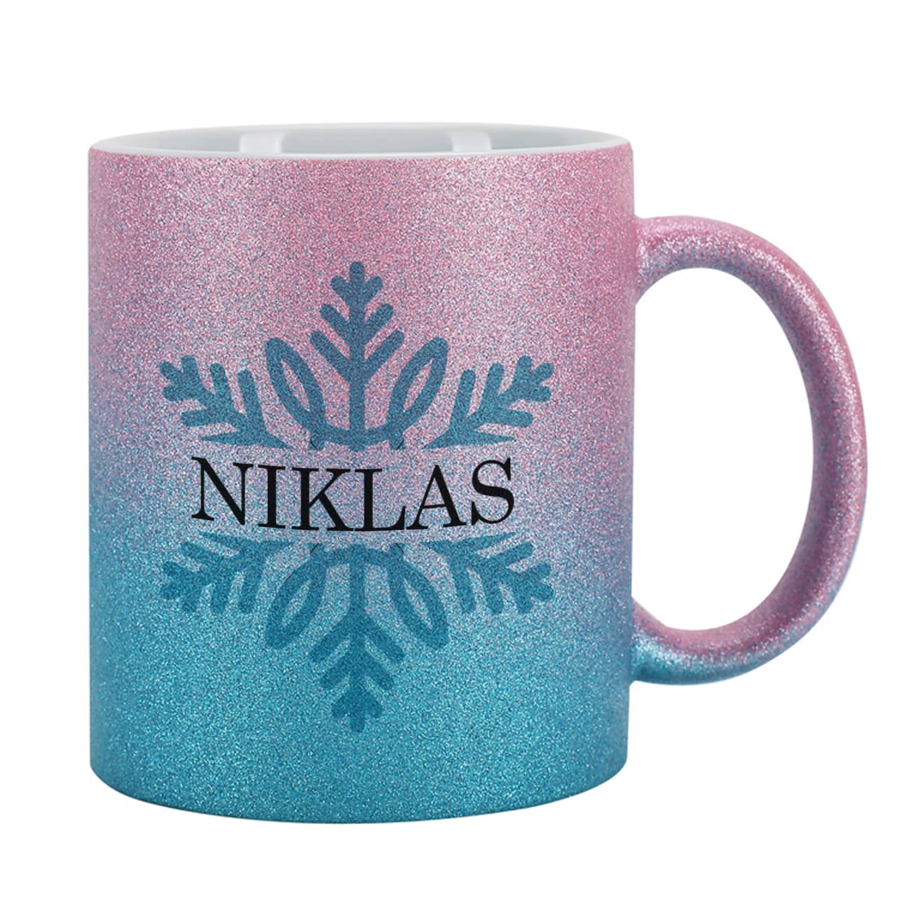 Silber / blaue Glitzertasse zu Weihnachten mit Schneeflocke und Name