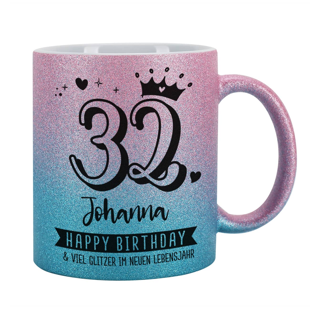 Glitzertasse zum Geburtstag in Pink-Blau mit Alter, Name & Wunschtext