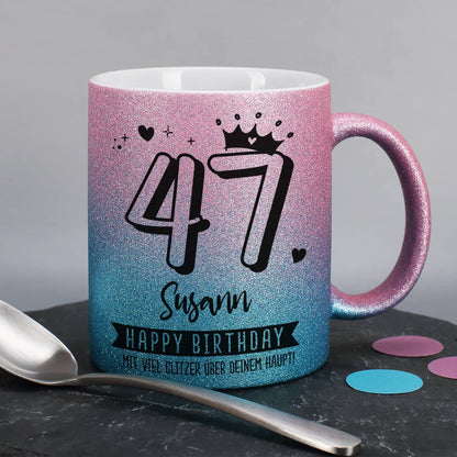 Happy Birthday - Glitzertasse in Pink-Blau mit Alter, Name & Wunschtext