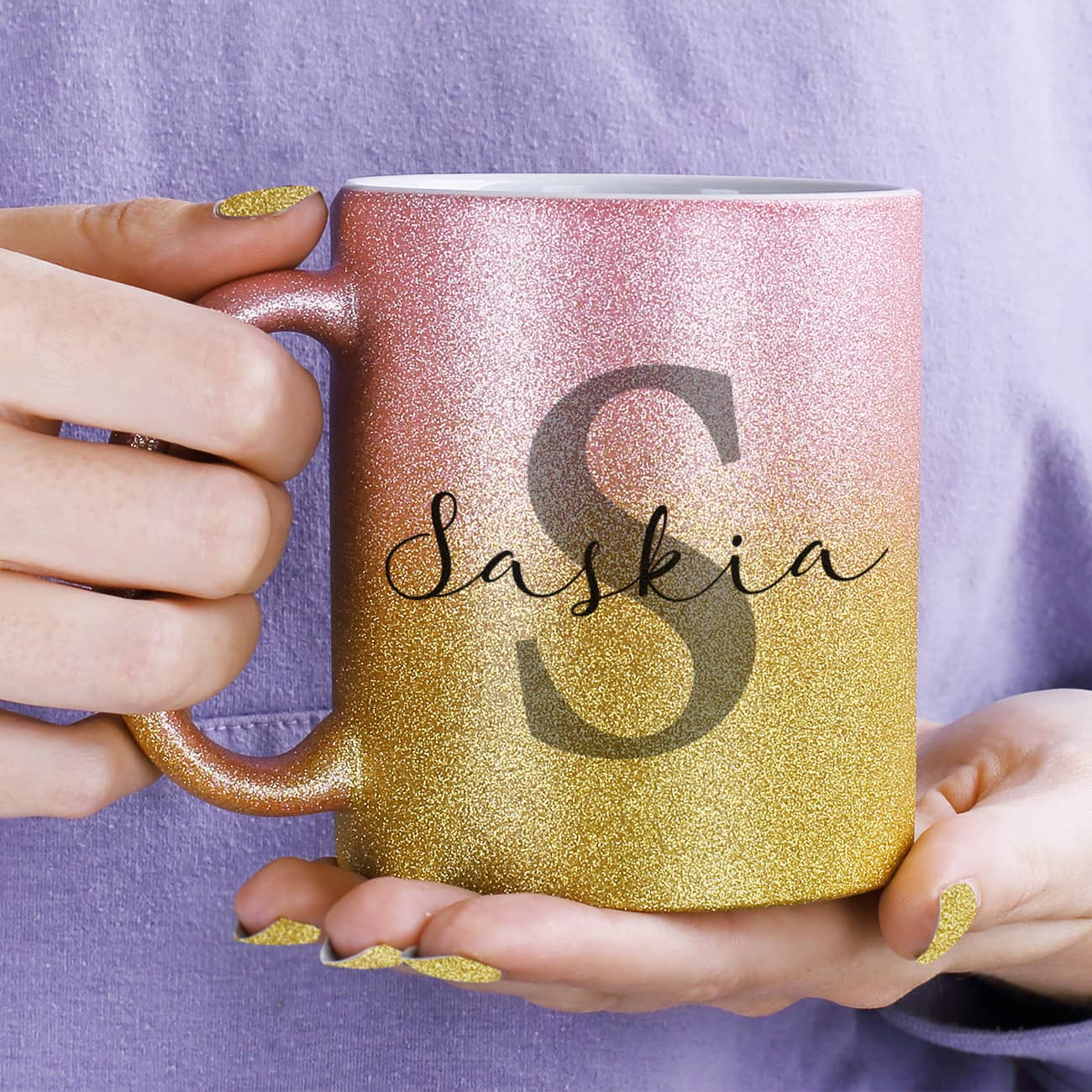 Glitzertasse in Pink / Gold mit Name und Initiale 