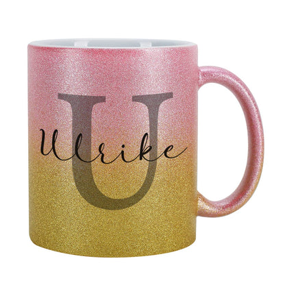 Glitzertasse in Pink / Gold mit Name und Initiale bedruckt