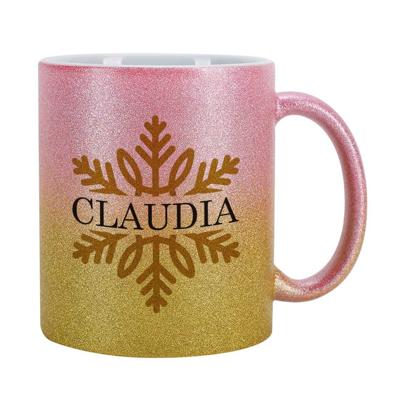 Pink / goldene Glitzertasse zu Weihnachten mit Schneeflocke und Name 