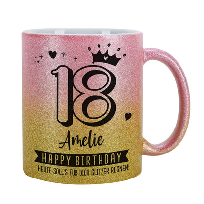 Glitzertasse zum Geburtstag in Pink-Gold mit Alter, Name & Wunschtext