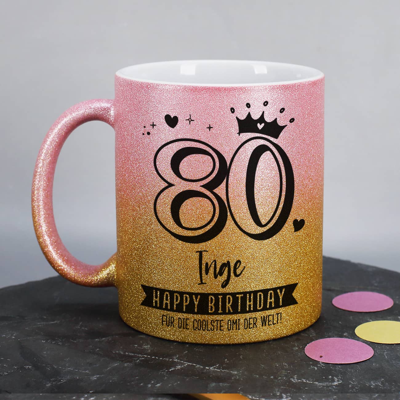 Happy Birthday - Glitzertasse in Pink-Gold mit Alter, Name & Wunschtext