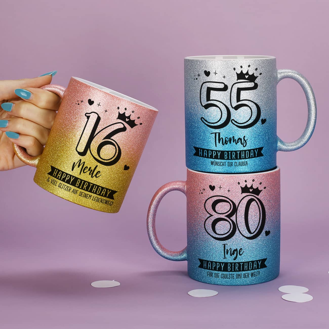 Happy Birthday - Glitzertasse mit Alter, Name & Wunschtext