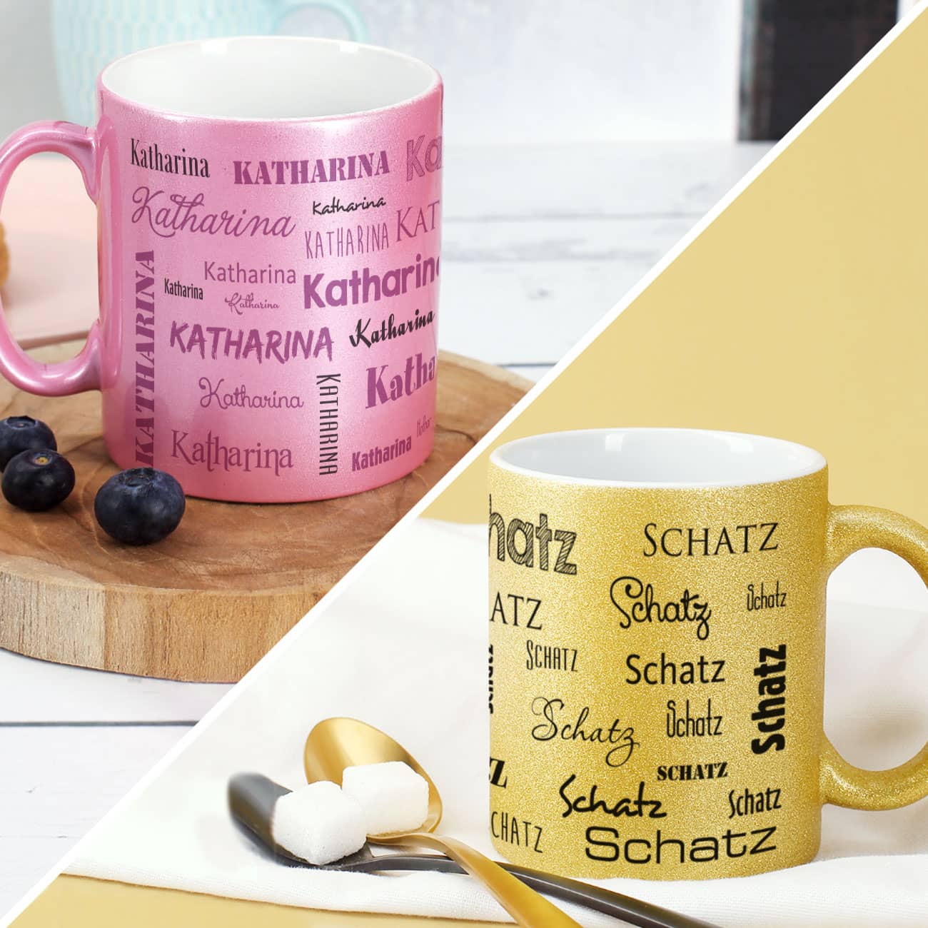 Tasse in metallic pink oder gold bedruckt mit Ihrem Wunschnamen