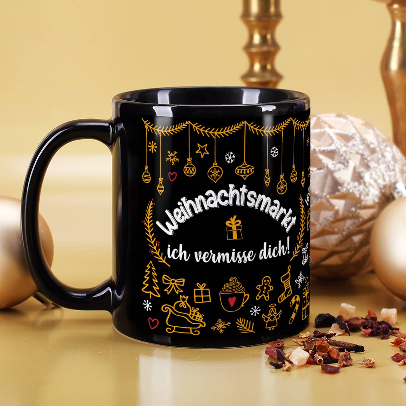 Weihnachtsmarkt-Tasse mit Ornamenten Ihrem Wunschtext