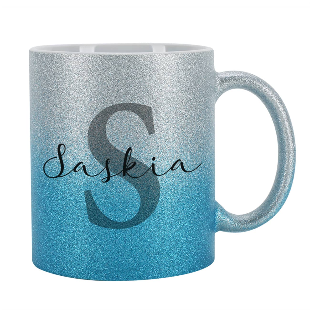 Glitzertasse in Silber / Blau mit Name und Initiale 