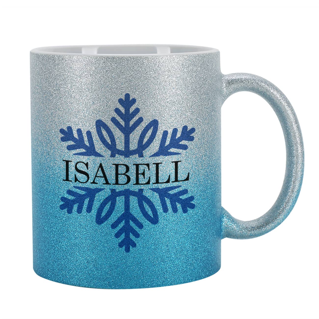 Silber / blaue Glitzertasse zu Weihnachten mit Schneeflocke und Name bedruckt 