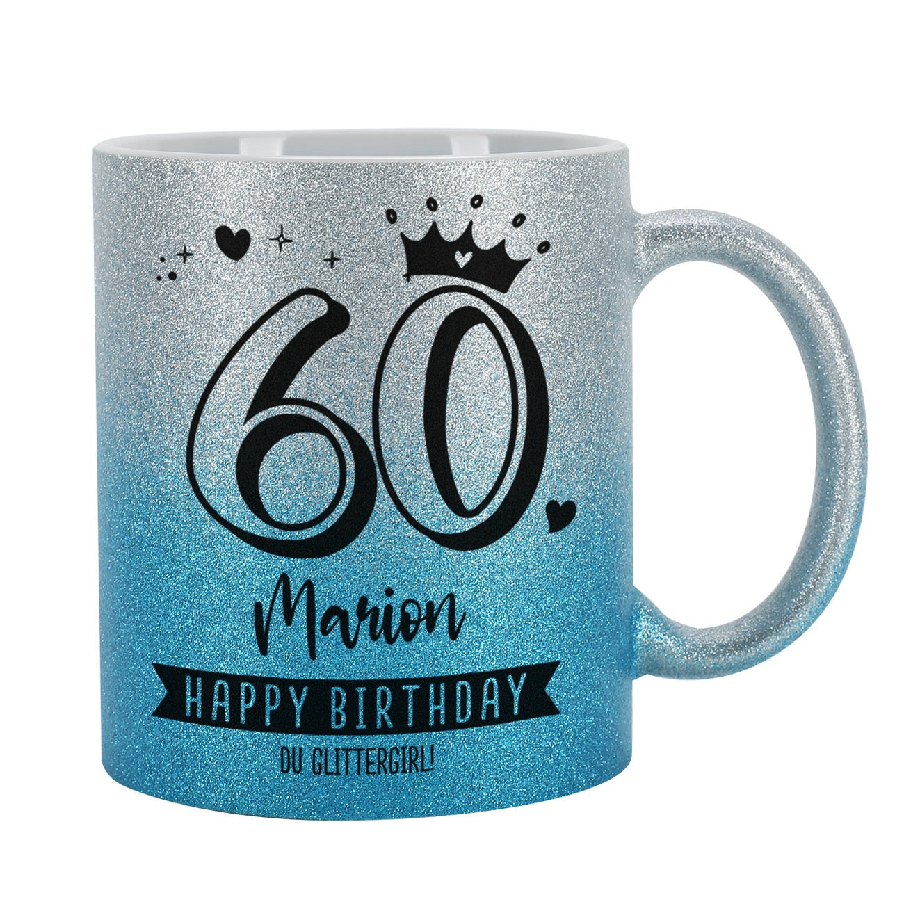 Glitzertasse zum Geburtstag in Silber-Blau mit Alter, Name & Wunschtext