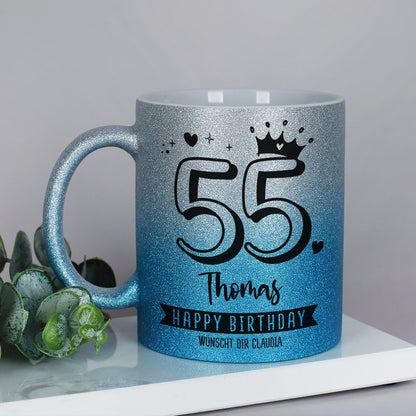 Happy Birthday - Glitzertasse in Silber-Blau mit Alter, Name & Wunschtext