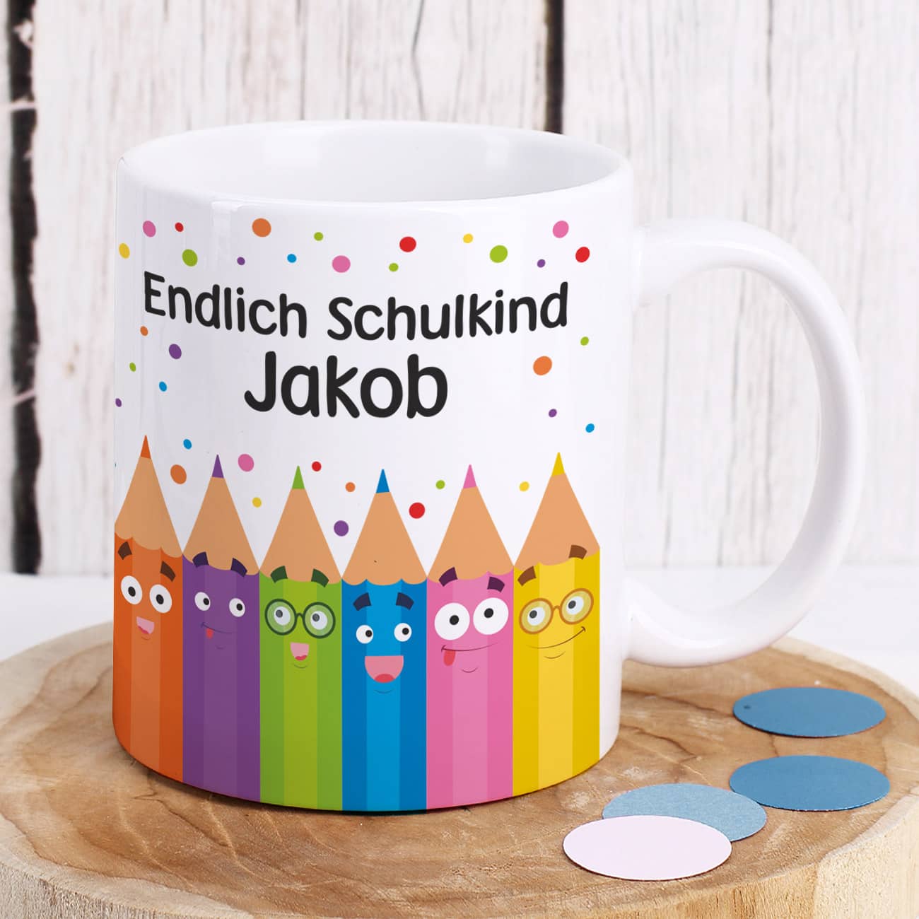 Bedruckte Tasse zur Einschulung mit Buntstiften als Motiv