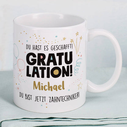 Gratulation, du hast es geschafft! Tasse mit Name und Wunschtext