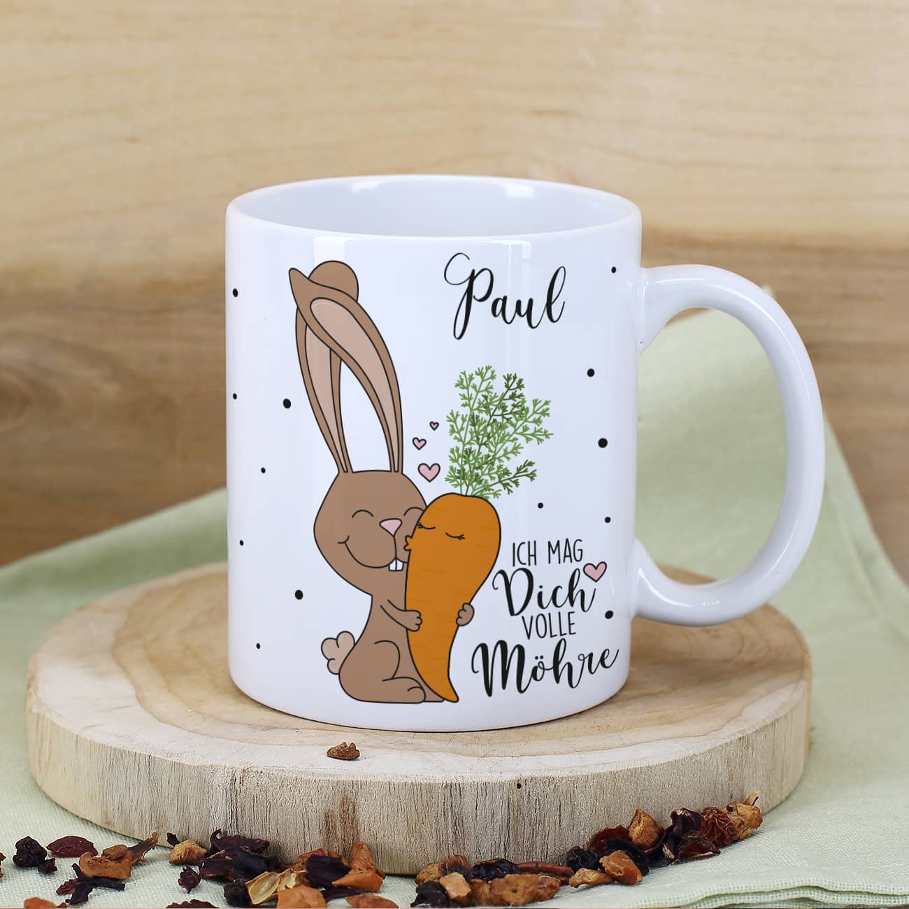 Personalisierte Tasse zu Ostern mit niedlichem Motiv mit Hase und Möhre und Spruch "Ich mag dich volle Möhre"