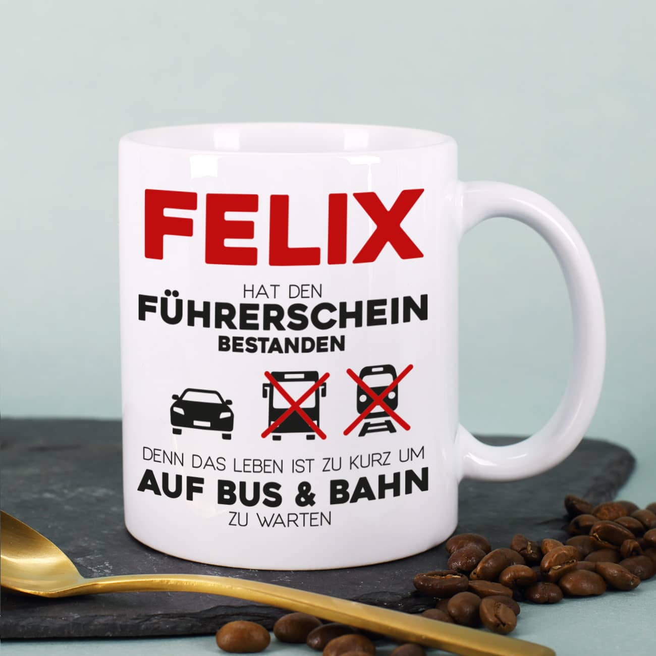 Führerschein bestanden - Tasse mit Name persönlich bedruckt