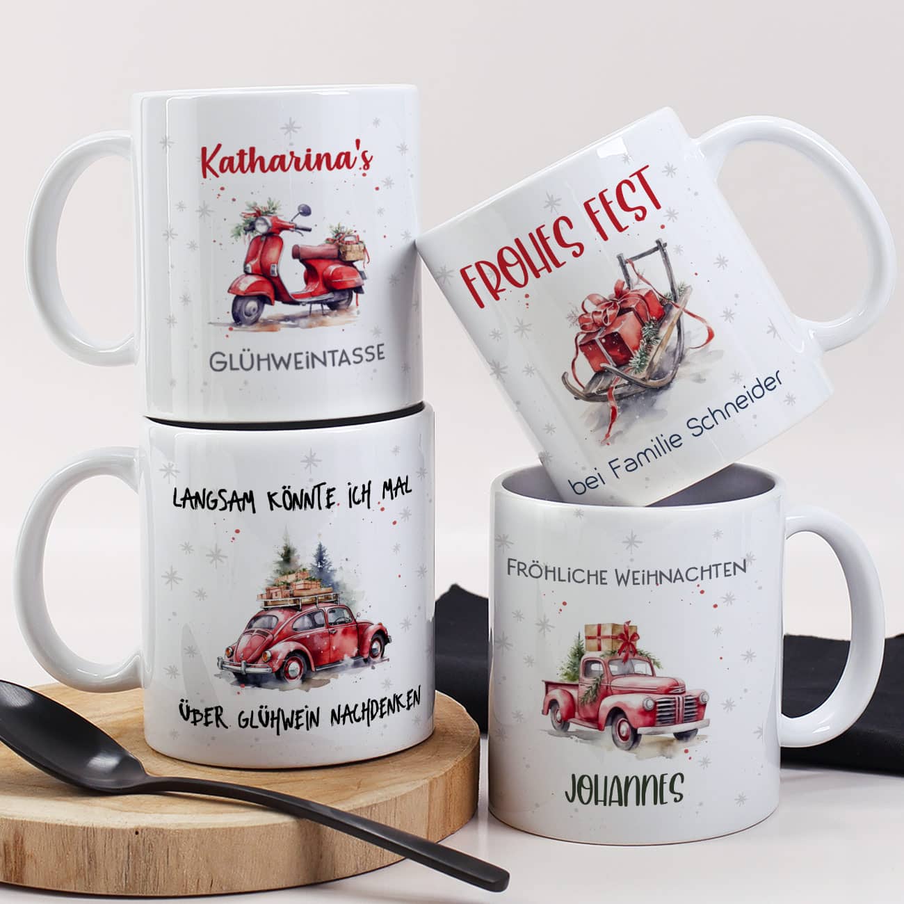 Weihnachts-Tasse mit Ihrem Text & Santa's Fuhrpark