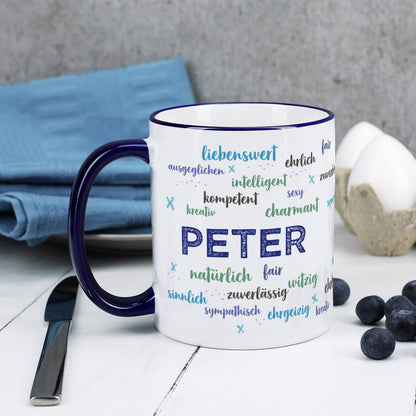 Tasse bedruckt mit positiven Eigenschaften und Name, blau