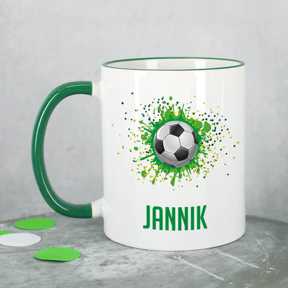 Tasse mit dunkelgrünem Rand und Henkel, Fußball und Wunschname