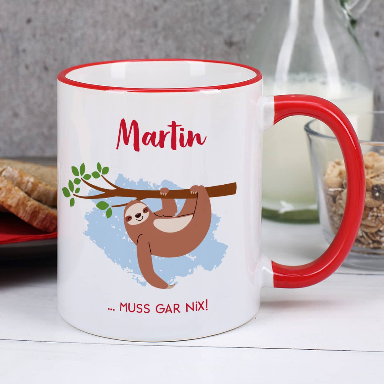 Tasse mit Faultier, Name und Spruch