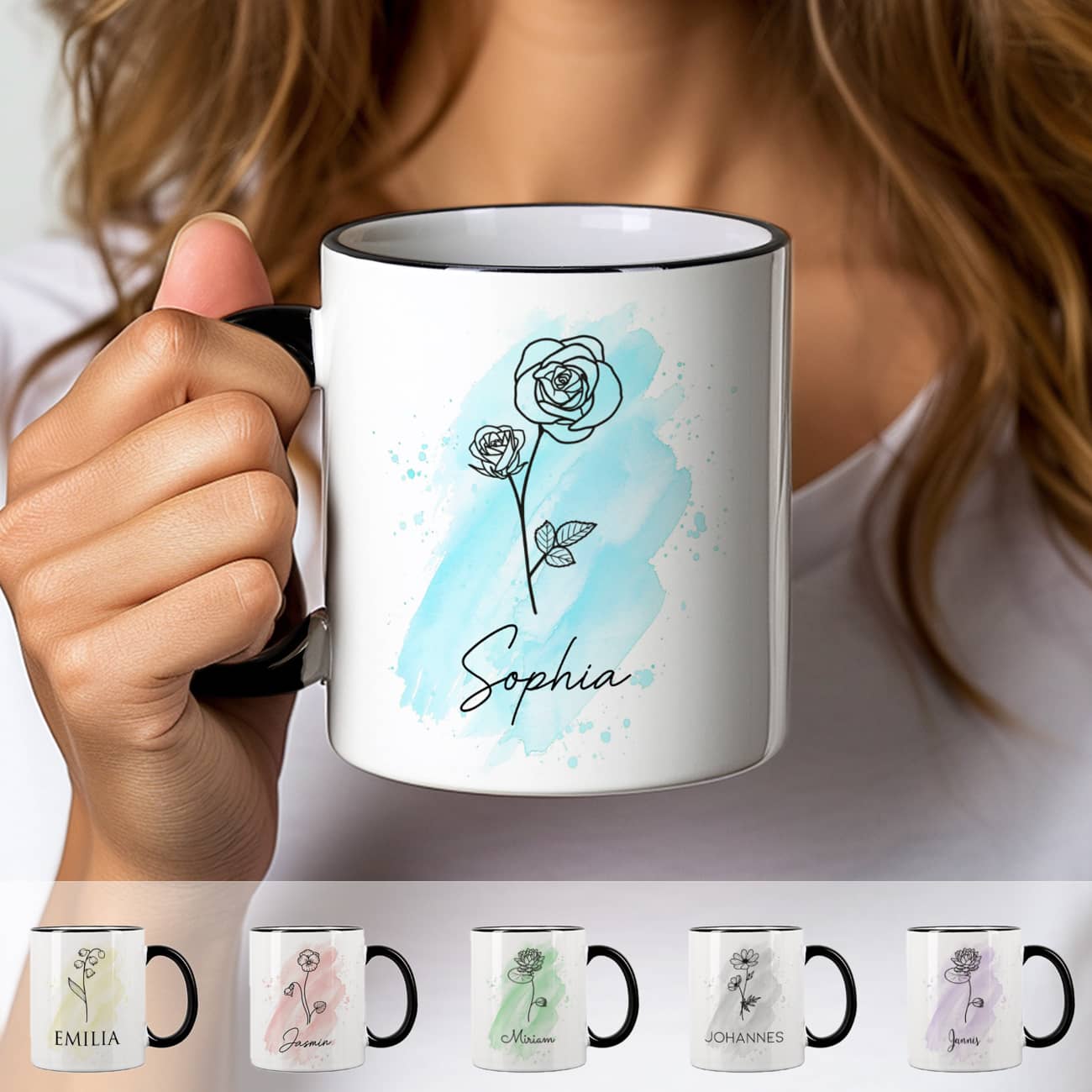 Tasse mit Geburtsblume & Name bedruckt zum Geburtstag